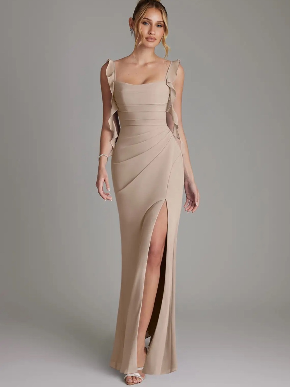Azazie Taupe Elegant Ruffle-Sleeve Dress